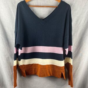 Prana Sweater Women's Size Medium Navy Double V Neck Pullover Thumbholes Striped
